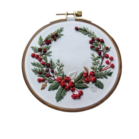 Christmas Embroidery Kit DIY Hand Embroidery Starter Cross Stitch Kits, Christmas Ornaments Embroidery with Stamped Pattern,Cotton,Threads,Needles,Instructions for Adults Beginners (Wreath) MGARDENMYI