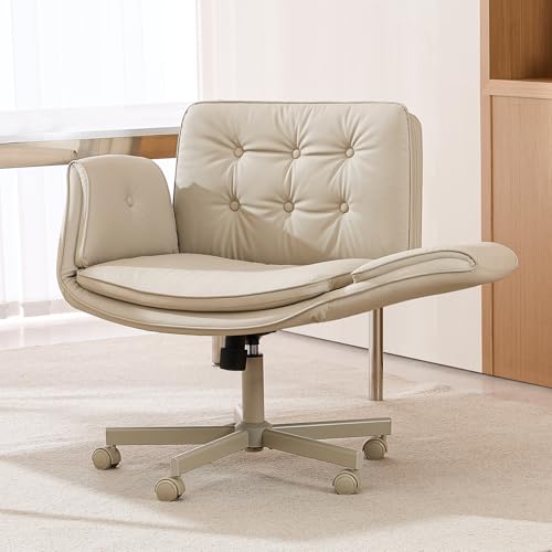 amseatec Criss Cross Chair with Armrests & Wheels, PU Leather Vanity Chair, Comfortable Adjustable Swivel Computer Office Desk Chairs for Home, Make Up, Bed Room (Cream) amseatec
