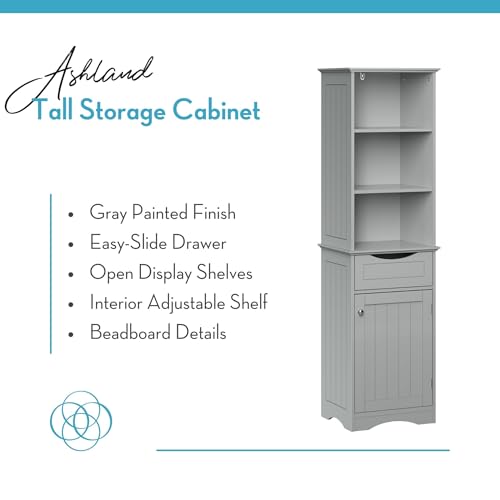 RiverRidge, Gray Ashland Bathroom Freestanding Storage Cabinet with Three Open Shelves and Drawer, Size RiverRidge