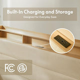 FLEXISPOT King Platform Bed Frame with 51" Tall Upholstered Corduroy Headboard, Two-Tier Storage Shelves, LED Light & Charging Station, Remote Pocket, No Box Spring Needed,1100Ibs Heavy-Duty, Beige FLEXISPOT