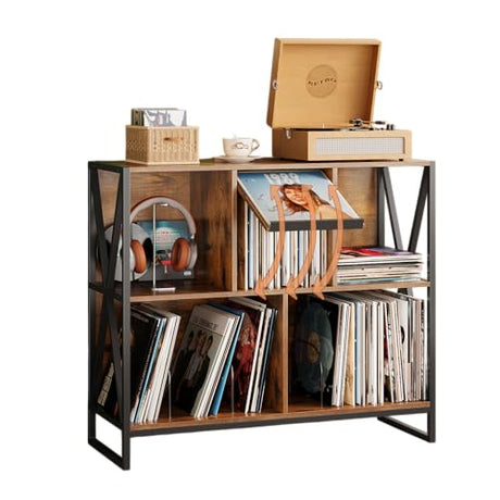 Welfuturer Large 3 Tier Record Player Stand Turntable Stand with Vinyl Storage Holds up to 300+ Albums Mid-Century Record Player Cabinet Table for Vinyl Records with 4 Dividers for Living Room (Brown) Welfuturer