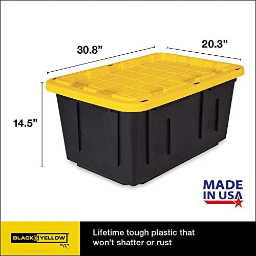 CX BLACK & YELLOW, 27-Gallon Heavy Duty Tough Storage Container & Snap-Tight Lid, (14.3"H x 20.6"W x 30.6"D), Weather-Resistant Design and Stackable Organization Tote [4 Pack] CX