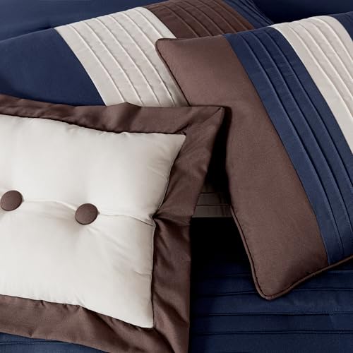 Chezmoi Collection Loft 8-Piece Queen Comforter Set, Midnight Blue/Brown/Coffee Cream Luxury Striped Bedding for All Season Chezmoi Collection
