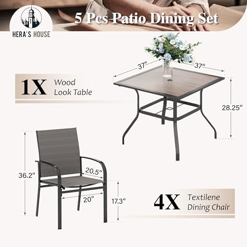 HERA'S HOUSE 5 Piece Patio Dining Set, 4 x Brown Textilene Dining Chair and 37" Square Wood-Like Dining Table with Umbrella Hole, Outdoor Table and Chairs Set for Lawn Garden Backyard Deck HERA'S HOUSE