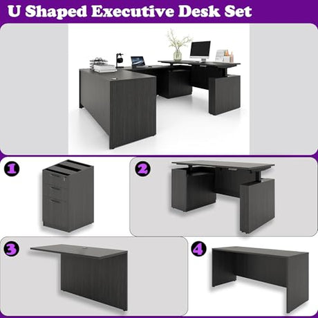 ALFA BUSINESS 100.4'' U Shaped Executive Standing Desk with Pre-Assembled Frame & Lockable Cabinets, Height Adjustable Desk Dual-Motor Sit-Stand Workstation for Corporate & Home Office (Grey-U) ALFA BUSINESS