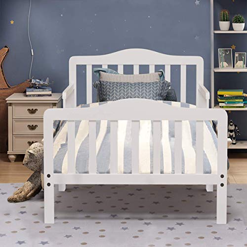 Costzon Toddler Bed, Classic Wood Kids Bed Frame w/Double Safety Guardrail, Low to Floor Design, Wooden Slat Support, Fits Full Size Crib Mattress, Bedroom Furniture for Boys & Girls (White) Costzon