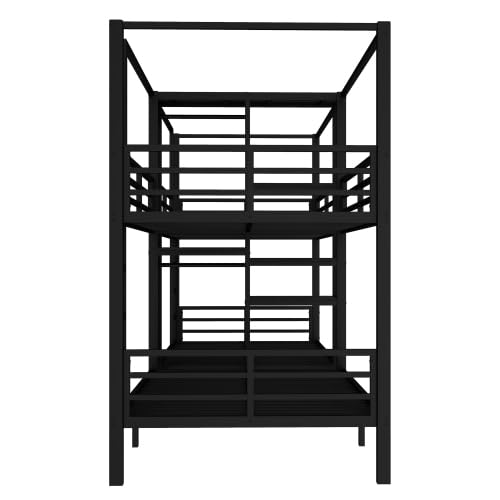 Twin Size Quadruple Metal Bunk Bed with Wardrobe & Storage Shelves, Quadruple Metal Bunk Bed Frame with Noise-Reduced Design (Black/Twin) MERITLINE