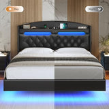 ADORNEVE Floating Bed Frame Queen with Hidden Storage Headboard, Floating LED Bed Frame with Charging Station, Upholstered Leather Platform Bed with Storage, No Box Spring Needed, Black ADORNEVE