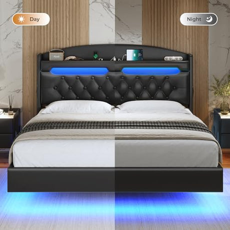 ADORNEVE Floating Bed Frame Queen with Hidden Storage Headboard, Floating LED Bed Frame with Charging Station, Upholstered Leather Platform Bed with Storage, No Box Spring Needed, Black ADORNEVE