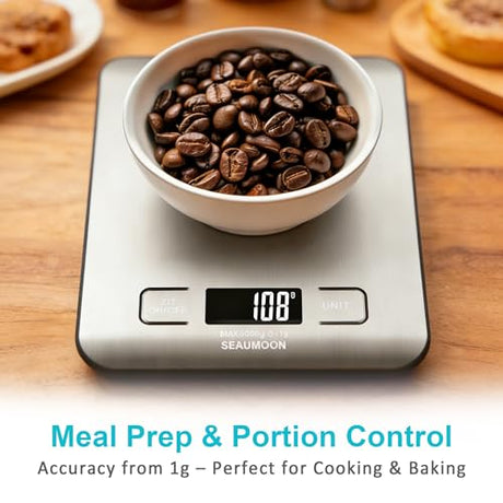 Food Scale Kitchen-Scale 11lb/5kg Food Scale for Kitchen Stainless Steel LCD Display Tare Function (g/oz/ml) for Meal Prep Coffee (Batteries Included) SEAUMOON
