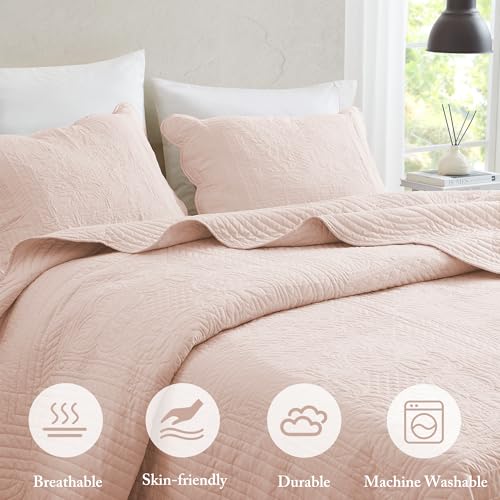 Madison Park Queen Quilt Set Damask Coverlet Set for Queen Size Bed, Cottage Oversized Quilt Set, Scallop Edge, All Season, Pre-washed Cotton-Filled Queen Size Quilt, Tuscany, Full/Queen Blush 3 Piece Madison Park