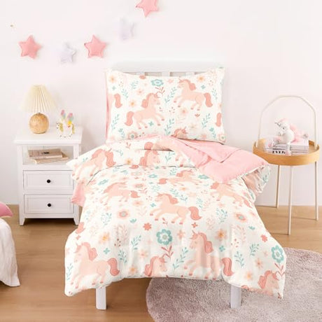Wake In Cloud - Toddler Bedding Set for Girls, Cute Unicorn Floral Botanical, 4 Pieces Soft Crib Bed Set Including Comforter, Sheets and Pillowcase, Light Cream Wake In Cloud