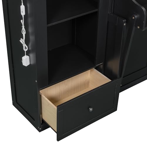Hlcodca French Style Queen Size Murphy Bed with LED Lights & Storage Shelves - Wall Bed with Bookshelves, Drawers and Desk Space (Black2) Hlcodca