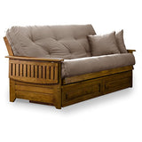 Nirvana Futons Brentwood Tray Arm Futon Frame, Drawers, and Microfiber Khaki Mattress Set - Full, Heritage Finish Nirvana Futons