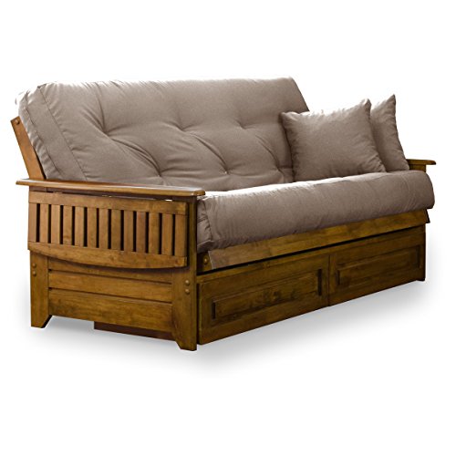 Nirvana Futons Brentwood Tray Arm Futon Frame, Drawers, and Microfiber Khaki Mattress Set - Queen, Heritage Finish