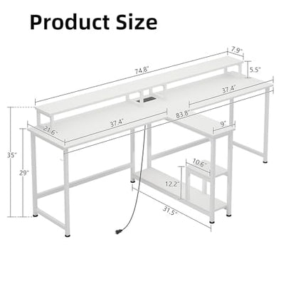 Mexin Double Desk for Two People - 83.7 Inch 2 Person Desk with Storage Shelves and Power Outlets, Home Office Desk with Monitor Stand, Long Gaming Desk, Large Work Desk, White - WoodArtSupply