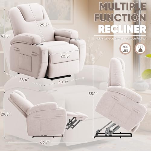 Power Lift Recliner Chair with Massage Electric Lift Chair for Elderly, Ergonomic Recliner with Cup Holders & Side Pockets, Modern Single Sofa for Living Room (Fabric, Beige) Shahoo