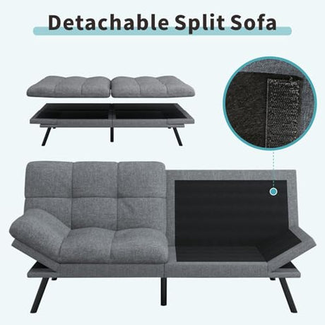 MUUEGM 71" Futon Sofa Bed, Comfortable Memory Foam Futons Sofa with Adjustable Backrest & Armrests, Convertible Loveseat Futon Bed for Compact Living Room, Apartment, Office, Grey MUUEGM