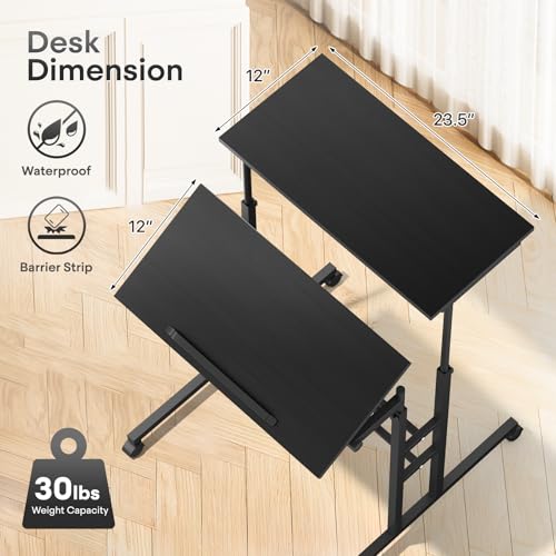 Athena Collection Height Adjustable Rolling Desk Mobile Portable Laptop Stand Cart Small Sit Standing Desk Computer Table Workstation for Home Office, Black Athena Collection