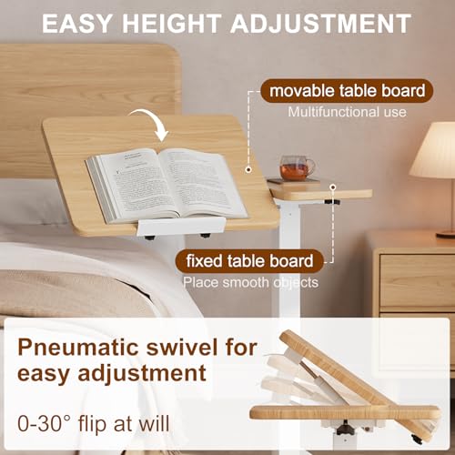 DONGMUWUJEE Solid Wood Overbed Bedside Table with Wheels, Tilting Adjustable Hospital Bed Table Over The Bed, Medical Mobile Laptop Stand, Rolling Standing Desk for Hospital and Home Use(Natural) DONGMUWUJEE