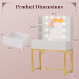 Furmax Vanity Desk with Mirror and LED Light Bulb, Small Makeup Vanity Table with Drawers, Dressing Table with Power Outlet and Hair Drayer Holder for Bedroom (White & Gold) Furmax