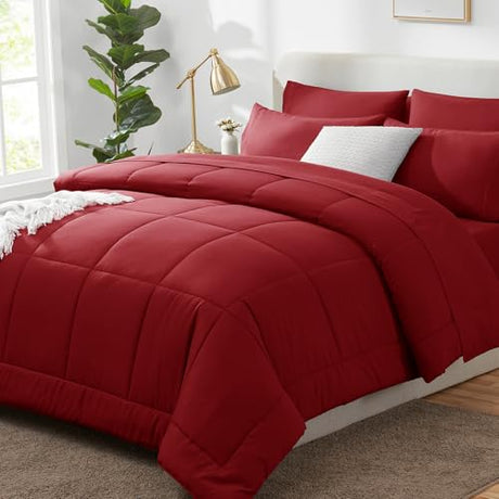 CozyLux Full Size Comforter Sets Dark Red, 7 Pieces Bed in a Bag, Red Comforter Full Size, All Season Bedding Sets with Stitch Quilted Comforter, Flat Sheet, Fitted Sheet, Pillowcases CozyLux