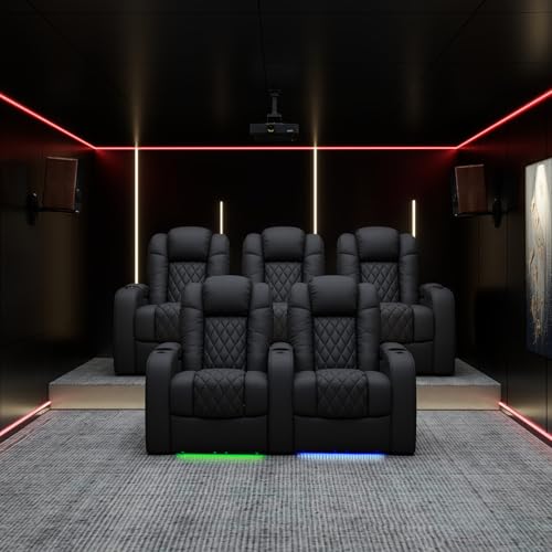 Weilianda Home Theater Seating Top Grain Leather Zero Gravity Recliner Chair Power Headrest Recline Movie Seat Gaming 7 Colors Mood Light Sofa with Tray Table USB Charge Row of 3 Black Weilianda