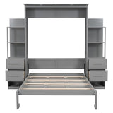 Harper & Bright Designs Full Murphy Bed with Storage Shelves, Drawers and LED Light, Cabinet Full Bed with Flexible Slats Support, Wood Foldable Wall Bed Frame for Home Office Studio, Gray Harper & Bright Designs