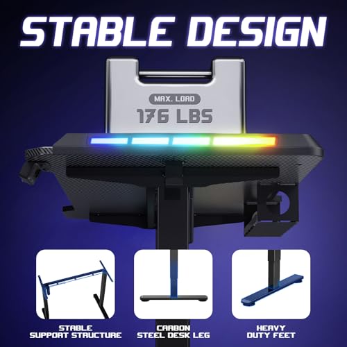 Gaming Standing Desk with LED Lights & Host Shelf, 55" x 24" Gaming Table with Music Sensing APP Control, Underdesk Cable Storage Electric Standing Desk, Black Carbon Fiber PC Table for Home Office Flycity