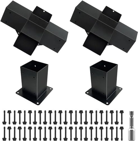DEVALLEY 4-Way Right Corner Pergola Brackets Kit,Woodwork Brackets with Post Anchors for 4" x 4"(Actual:3.5"x3.5") Wood Beams for Patio Pergolas,Gazebos,Log Cabin W/Hardware (4 Pack)… DEVALLEY