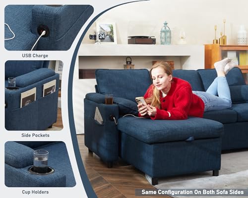 DURASPACE Sofa Bed Sleeper Pull Out 2 in 1 Sectional Sleeper Sofa Couches with Storage,USB, Cup Holder,Pullout Sectional Couches for Apartment Living Room (Blue) DURASPACE