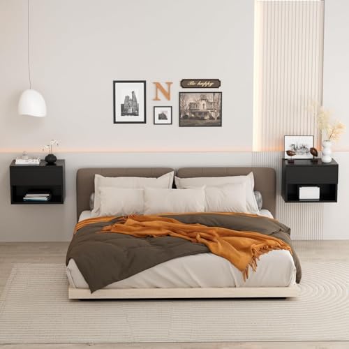 Floating Nightstand, Modern Wall Mounted Bedside Table with Drawer, Wood Bedside Shelf & Desk, End Table Wood Modern Night Stand for Bedroom (Black UI1, Set of 2) Kiseely