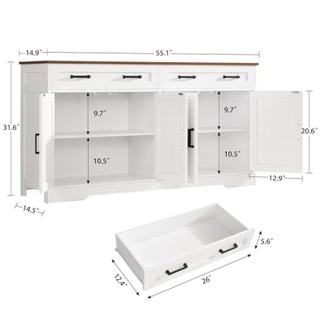 usikey Buffet Cabinet with Storage and Drawers, 55" Large Sideboard Buffet Cabinet with Adjustable Shelves and Doors, Modern Coffee Bar for Kitchen, Living Room, White usikey