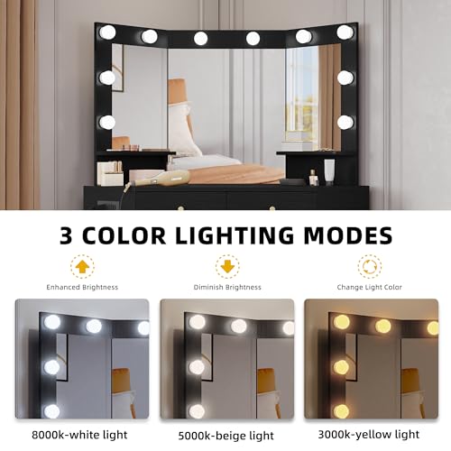 DWVO Makeup Vanity Desk w/Hollywood Bulbs Mirror & Power Outlet, 43" L Shaped Black Vanity Set 3 Color Lighting Mode Adjustable Brightness＆ 6 Drawers, Shelves, Corner Vanity Table w/Bench for Girl