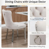 Henf 7 Pieces Faux Marble Dining Table Set for 6, 63"-79" Extendable Dining Room Table and 6 Beige Tufted Chairs Set for 6, Modern Large Expandable Kitchen Table with White Double Columns Base Henf