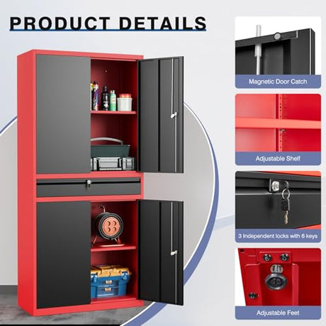 LISSIMO Metal Garage Storage Cabinet with Locking Doors and Drawer, 71" Steel Tool Storage Cabinet with Adjustable Shelves for Garage,Office,Warehouse (Red Black) LISSIMO