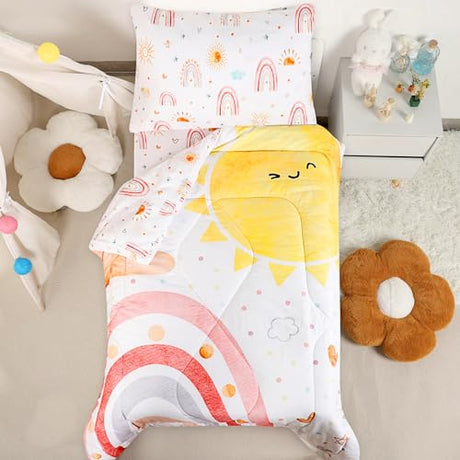 CARUILI Toddler Bedding Set for Girls, 4 Piece Rainbow Toddler Girl Bedding Set, Super Soft & Lightweight Toddler Comforter Set Includes Comforter, Flat Sheet, Fitted Sheet, Pillowcase (Pink) CARUILI
