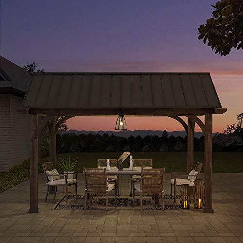 Sunjoy 12 x 14 ft. Hardtop Gazebo Premium Brown Cedar Wood Frame Gable Roof Gazebo with Ceiling Hook by SummerCove - WoodArtSupply