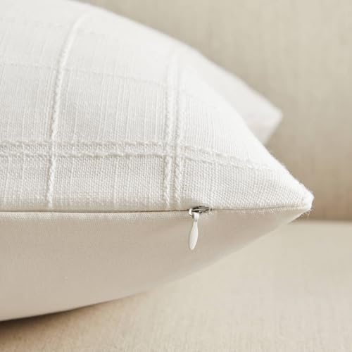 ZeeMart Linen Checked Throw Pillow Covers Set of 2, 18x18 Inch White/Natural White, Farmhouse Decorative Single Sided Grid Embroidered Couch Pillow Cases Cotton Linen Cushion Covers ZeeMart