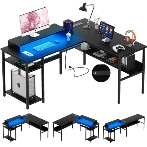 Unikito Reversible L Shaped Desk with Magic Power Outlets and Smart LED Light, Sturdy Corner Computer Desk with Monitor Stand & Storage Shelves, Gaming Table Home Office Desk, Easy Assembly, Black