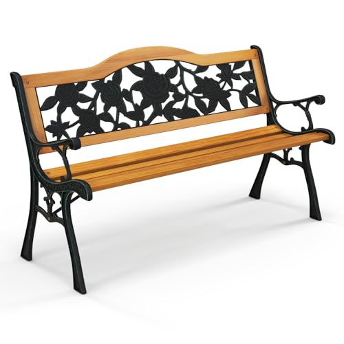 Tangkula Cast Iron & Hardwood Outdoor Garden Bench - Sturdy Weatherproof Loveseat for Patio, Deck, and Lawn - WoodArtSupply