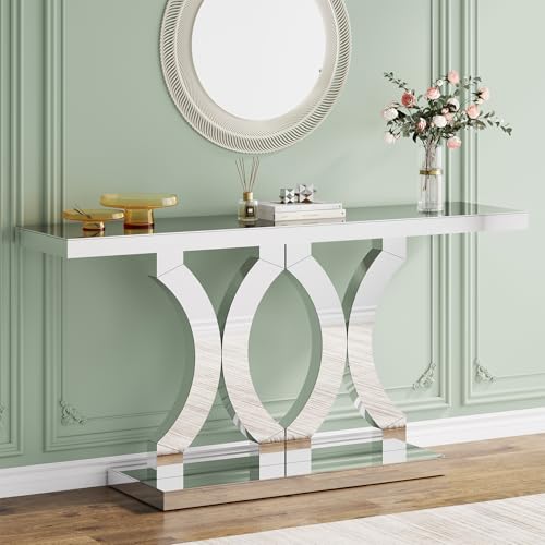 Condemo 55 Inches Mirrored Console Table, Entryway Table with Geometric Base, Modern Sofa Table Behind Couch for Living Room, Accent Table for Hallway, Foyer, Entrance (Silver Mirror) Condemo