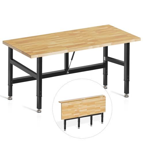 MUWOOD 48”Folding Workbench, 2000 LBS Capacity Heavy Duty Workbench, Height Adjustable Foldable Work Table, Rubberwood Collapsible Desk for Workshop, Garage, Office, Home MUWOOD