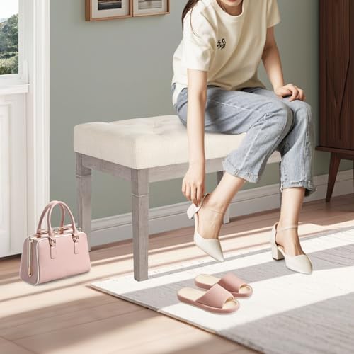 CangLong 27.5 inch Wide Rectangle Ottoman Bench, Tufted Fabric Footrest with Wood Leg for Living Room, Bedroom & Entry, Beige CangLong