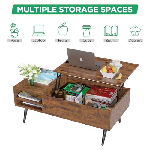 PayLessHere Lift Top Coffee Table with Adjustable Storage and Hidden Compartment Small Wood Coffee Table Center Table for Home Living Room Office Apartment Reception Room,Brown PayLessHere