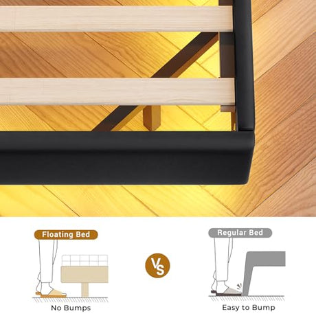 BTHFST Floating Bed Frame Queen Size with Charging Station, Headboard with Secret Storage Cubby, RGB Floating Bed, No Box Spring Needed, PU Black BTHFST