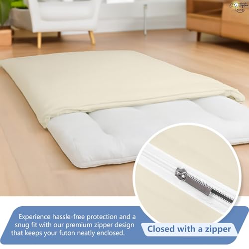 Cottington Lane Traditional Japanese Shikibuton Futon Cover, King Size Premium Cotton Zippered Floor Mattress Slipcover, Soft Durable, Ideal for Dorm Rooms, Guest Rooms, Ivory Cottington Lane