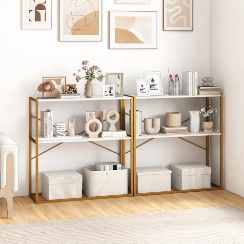 GOFLAME 2-Tier Entryway Table, 36” Console Table with Open Storage Shelf, Faux Marble Top & Metal Frame, Modern Narrow Long Behind Sofa Tables for Living Room, Hallway, Entry, White & Gold GOFLAME