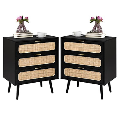 QHITTY Drawer Dresser Set of 2, Rattan Chest of Drawers with 3 Drawers Dresser, Accent Storage Cabinet Modern Bedside Table for Living Room, Bedroom, Entryway (Black) - WoodArtSupply