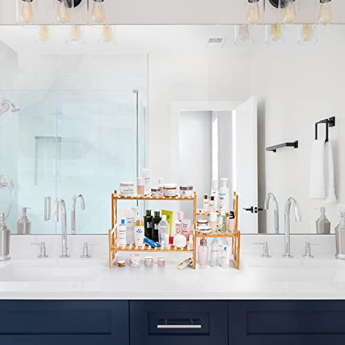 Lawei 2 Tier Bamboo Tabletop Plant Stand, Adjustable Flower Pot Holder Shelf Planter Display Stand, Small Desktop Ladder Plant Rack for Indoor Outdoor Home Patio Lawn Garden Balcony Organizer Lawei